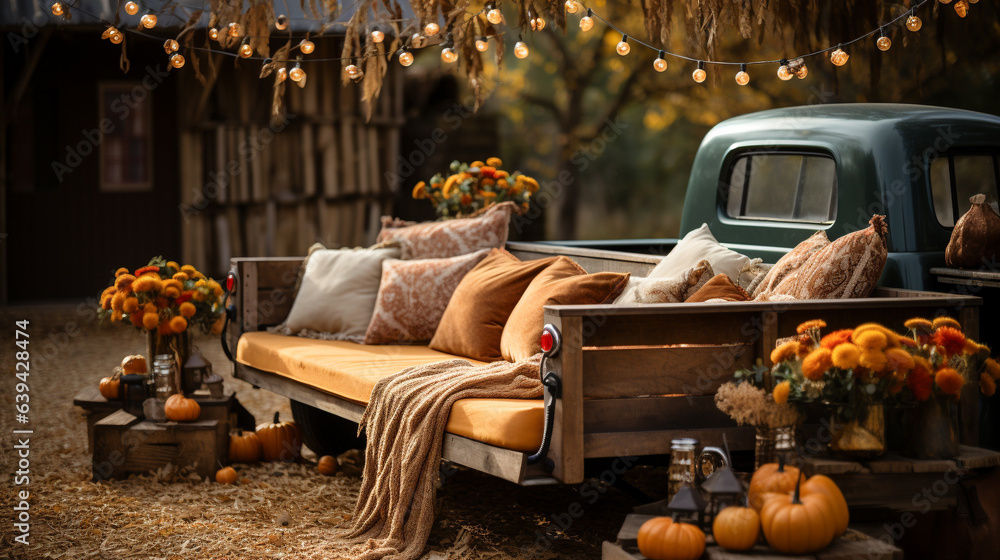 Fototapeta premium Vintage truck bed filled with fall themed decorations and pillows - generative AI.