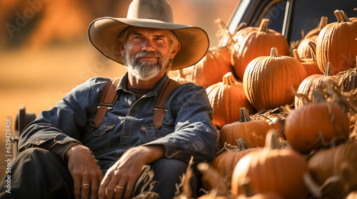 Weathered content bearded farmer sitting amongst his pumpkin harvest selection in the back of his truck - generative AI.