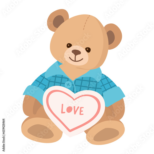 Сute Teddy bear in blue plaid pajamas with a heart. Lovable stuffed toy bear in a flat style isolated on white. Vector