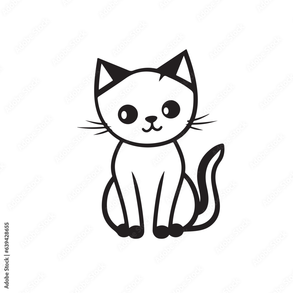 Fototapeta premium a small cat sits on a white background, in the style of graphic black outlines