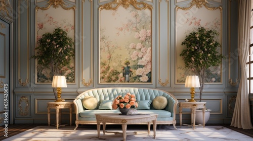 a classic European luxury home decoration with gold wainscoting and garden flower wallpaper.