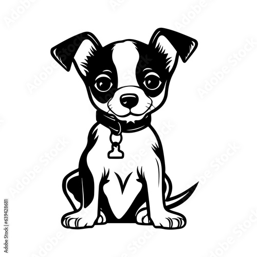 a small dog sits on a white background, in the style of graphic black outlines
