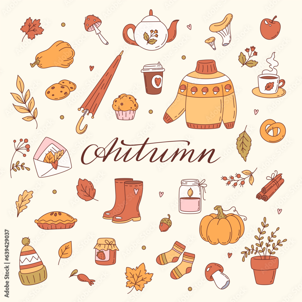 Big set of autumn elements in doodle style.
