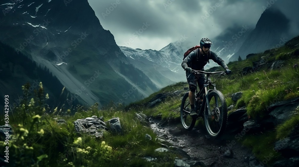 Adventurous biker navigating a challenging mountain trail
