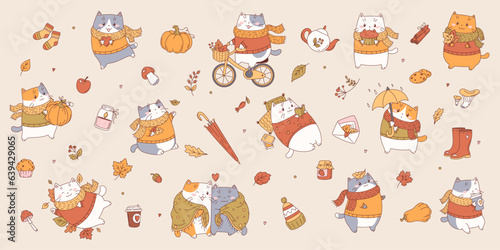 Autumn set of cute cartoon cats and autumn elements.