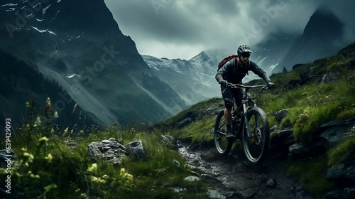 Adventurous biker navigating a challenging mountain trail 