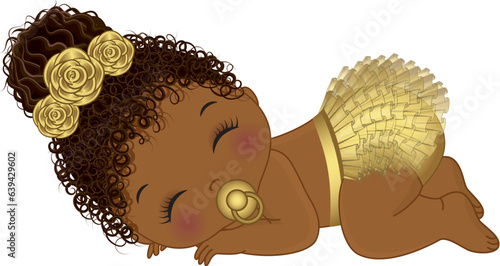 Vector Cute African American Baby Girl Wearing Gold Ruffle Diaper