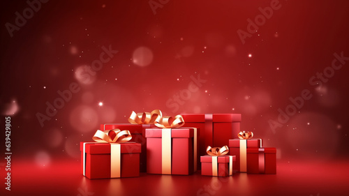 Christmas red background with many gift box, realistic 3d, Vector illustration.