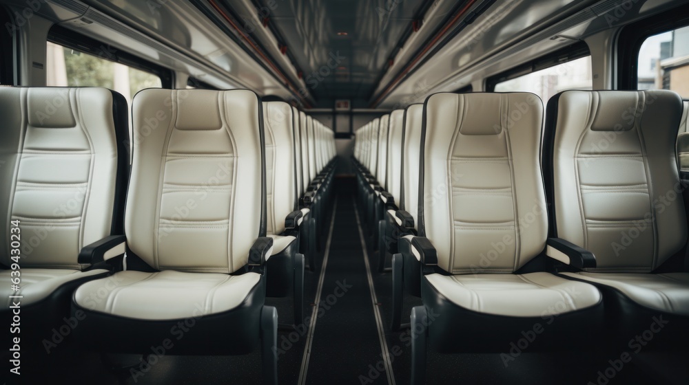 Front view of modern bus interior with reclining seats and aisle. Front view of modern bus interior with reclining seats and aisle.