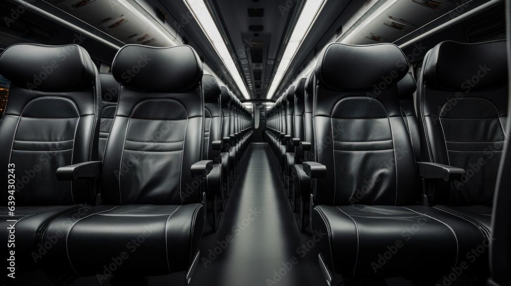 Front view of modern bus interior with reclining seats and aisle. Front view of modern bus interior with reclining seats and aisle.