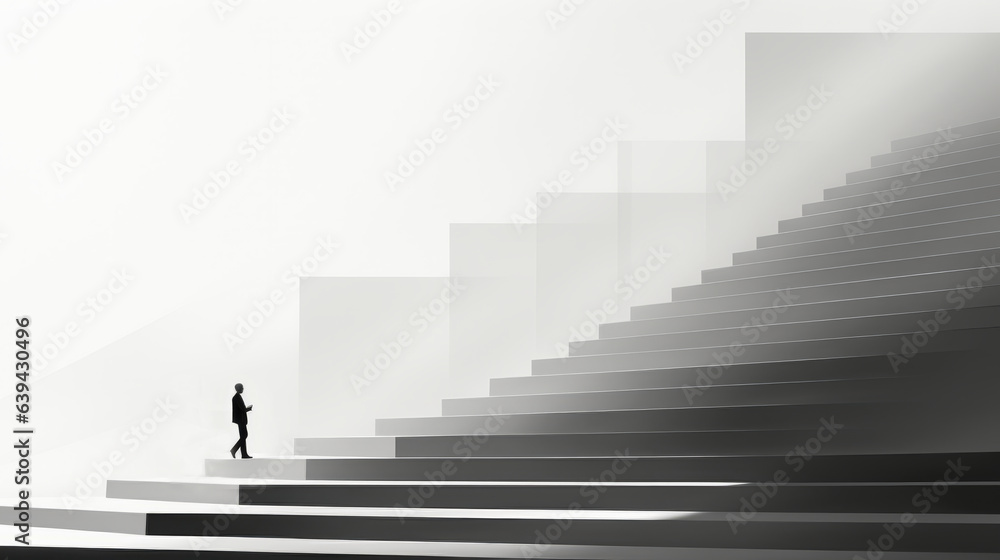 Black and white image of a man walking in the stairs. Made with Generative AI. Black and white image of a man walking in the stairs. Made with Generative AI.