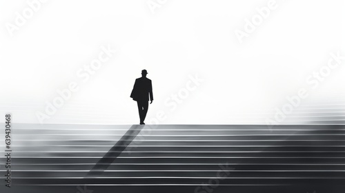Black and white image of a man with a suit and hat walking up the stairs. Made with Generative AI.