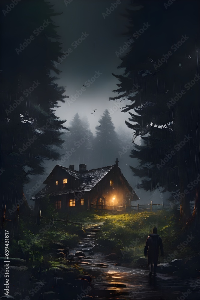 cinematic scene of a cabin in the forest