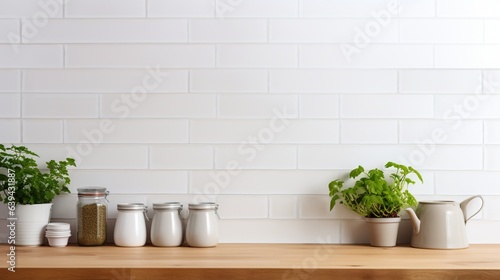 Banner View on white kitchen in scandinavian modern style  kitchen details  plants on wooden table  white ceramic brick wall background. Sustainable living eco friendly kitchen.