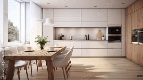 Contemporary white kitchen with wooden table and two chairs