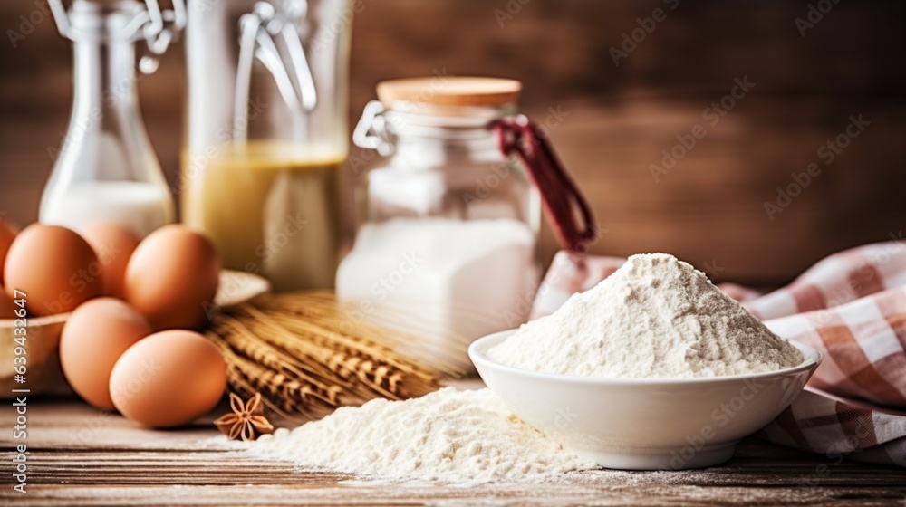 Ingredients for bakery-making pancakes flour milk sugar eggs Ingredients for bakery-making pancakes flour milk sugar eggs