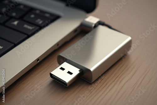Close-up of aluminum computer flash drive on wooden table, laptop beside gray photo