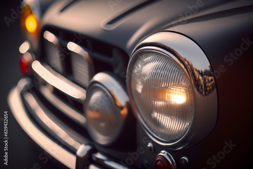 Closeup of headlights on a vintage car parked in the late afternoon