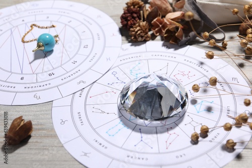 Astrology prediction. Zodiac wheels, pendulum, gemstone and dry flowers on wooden table, closeup