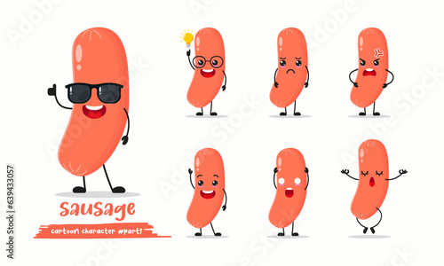 cute sausage cartoon with many expressions. food different activity pose vector illustration flat design set with sunglasses.