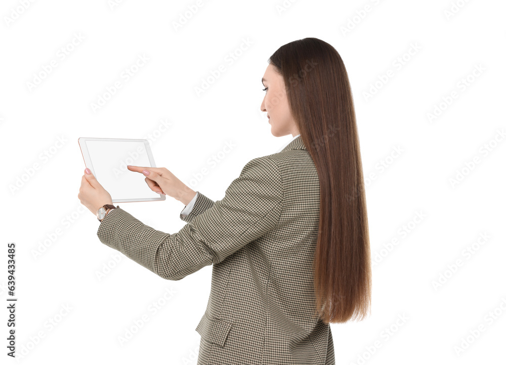 Woman using tablet with blank screen on white background. Mockup for design Woman using tablet with blank screen on white background. Mockup for design