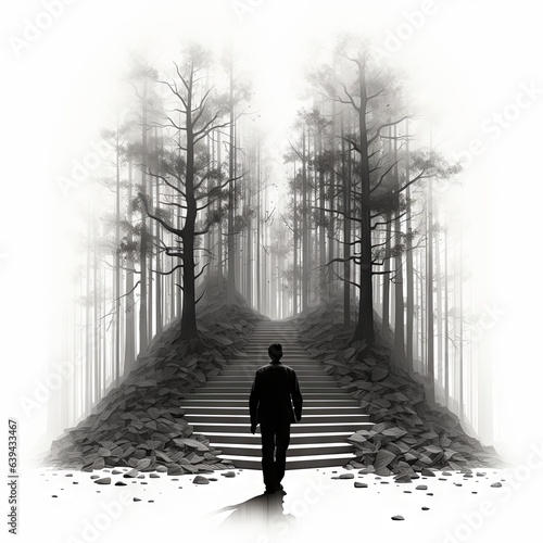 Illustration of man walking to a stair leading to a forest. Made with Generative AI.