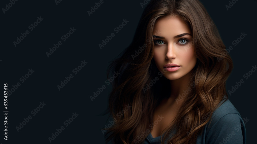 Portrait of a beautiful brunette with long hair on grey background with copy space