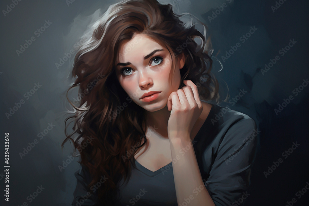 Fototapeta premium Watercolor portrait of a young brunette with long wavy hair and pensive look