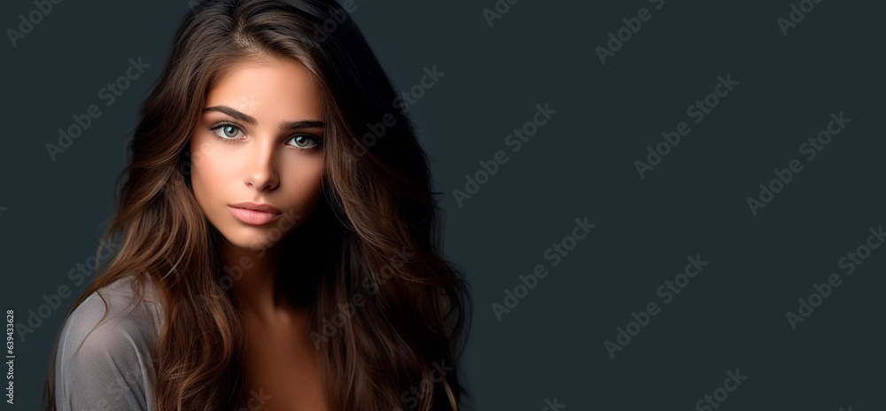 Beautiful girl with long brown hair on grey background with copy space