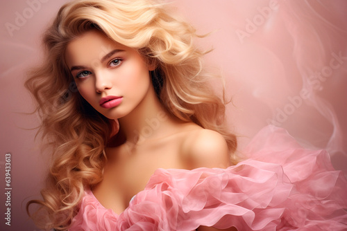 Portrait of a young girl in pink with long blonde wavy hair