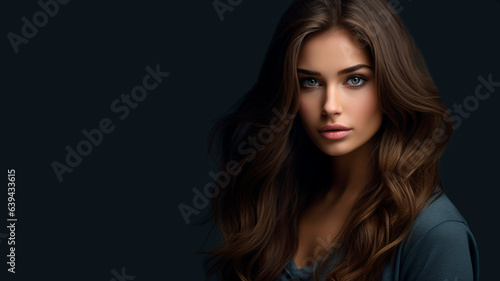 Portrait of a beautiful brunette with long hair on grey background with copy space