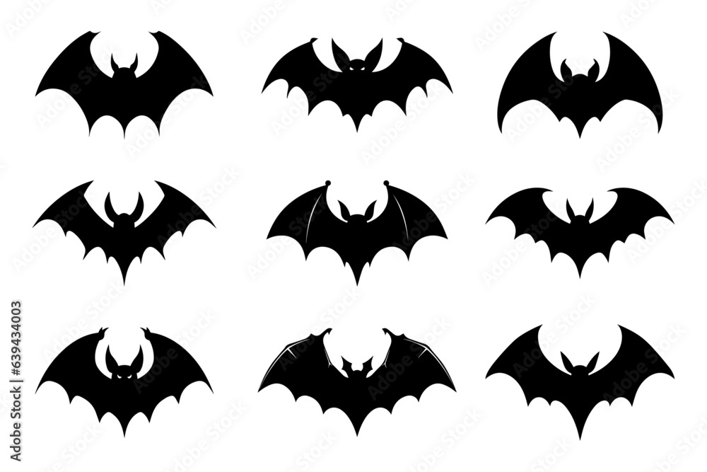 Halloween bat silhouette collection isolated. Spooky black horror bat graphic. Vector illustration Halloween bat silhouette collection isolated. Spooky black horror bat graphic. Vector illustration