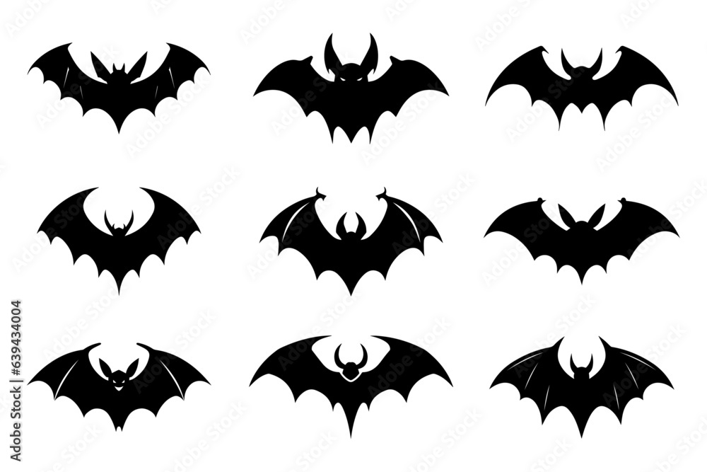 Fototapeta premium Halloween bat silhouette collection isolated. Spooky black horror bat graphic. Vector illustration