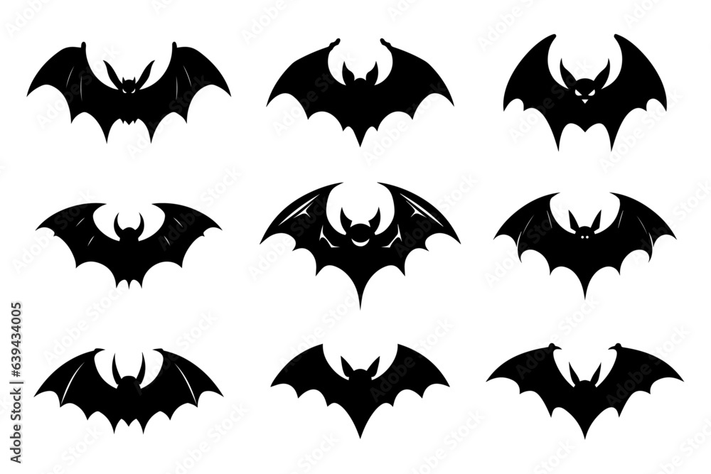 Halloween bat silhouette collection isolated. Spooky black horror bat graphic. Vector illustration Halloween bat silhouette collection isolated. Spooky black horror bat graphic. Vector illustration