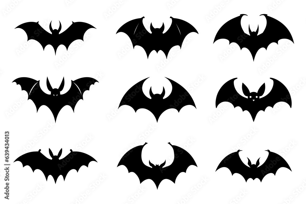 Naklejka premium Halloween bat silhouette collection isolated. Spooky black horror bat graphic. Vector illustration