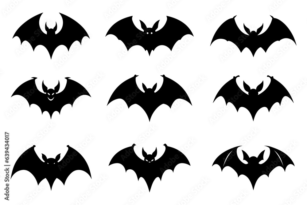 Halloween bat silhouette collection isolated. Spooky black horror bat graphic. Vector illustration