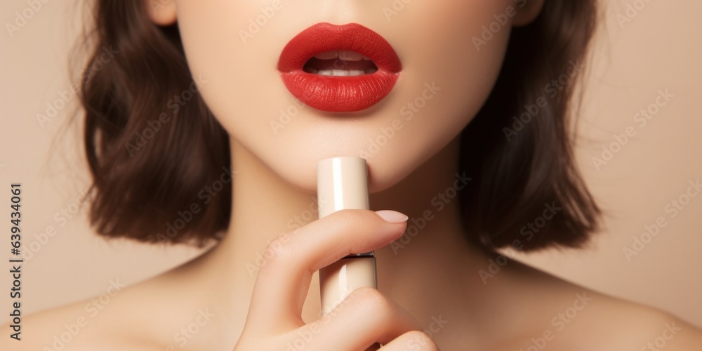 Fototapeta premium Woman applying red lipstick, close-up of hand and lips isolated on beige background.