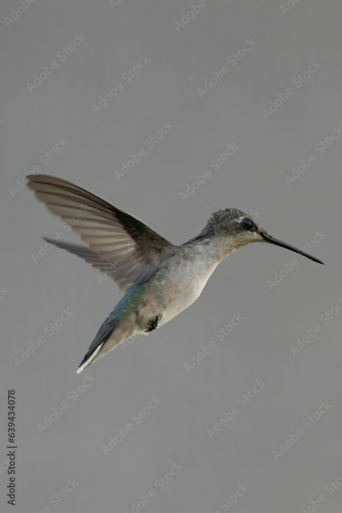 Female ruby-throated hummingbird captured in mid-flight Female ruby-throated hummingbird captured in mid-flight
