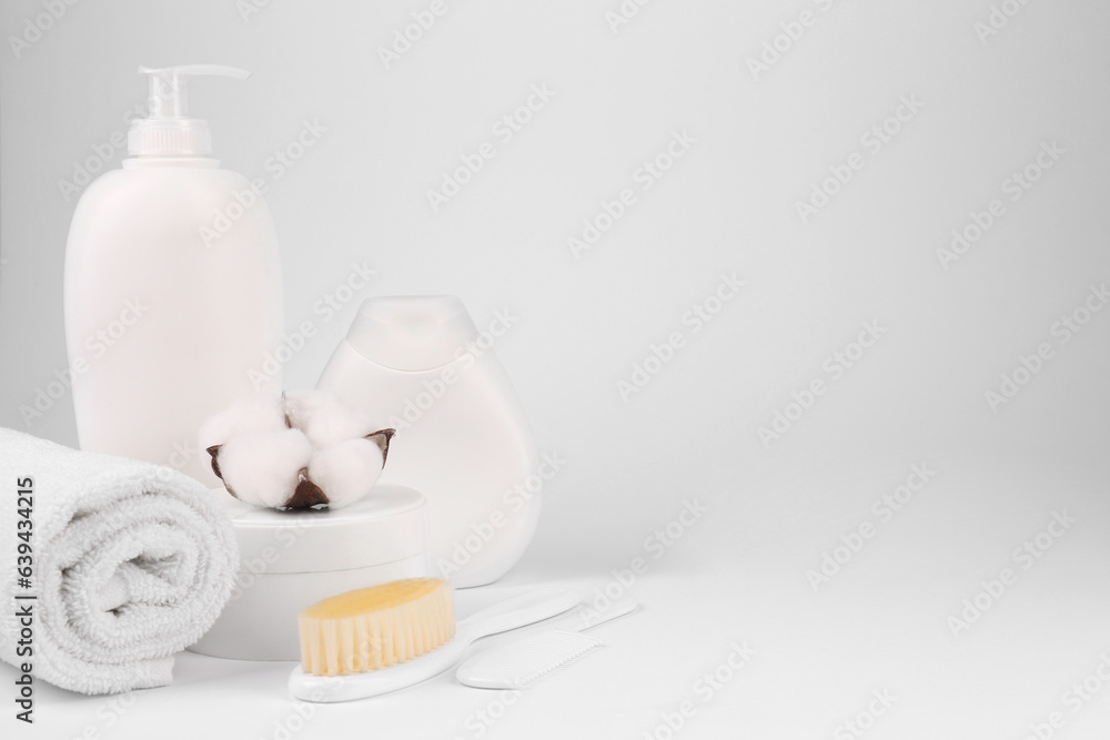 Different skin care products for baby and accessories on white background. Space for text