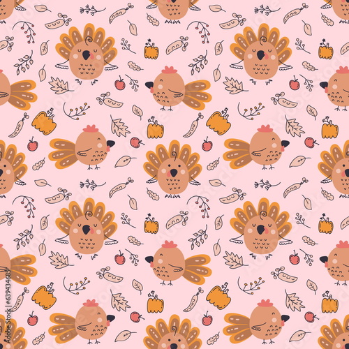 Thanksgiving seamless pattern with turkeys, roosters, pumpkins and autumn leaves. Perfect for T-shirt, postcard, textile and print. Hand drawn illustration for decor and design.