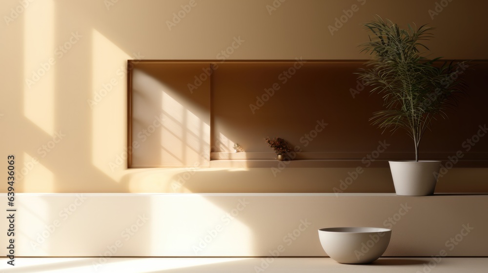 A simple abstract light beige background for product presentations with complex lights and shadows from windows and plants on the walls.