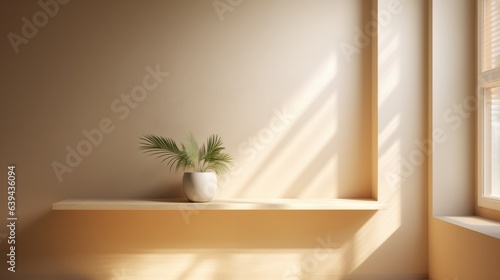 A simple abstract light beige background for product presentations with complex lights and shadows from windows and plants on the walls. © panu101
