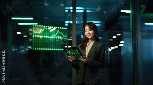 Pretty lady, Chairman of the Executive Committee, a shareholder, smiles in congratulations in the office. Investment business modern screen graph quick success