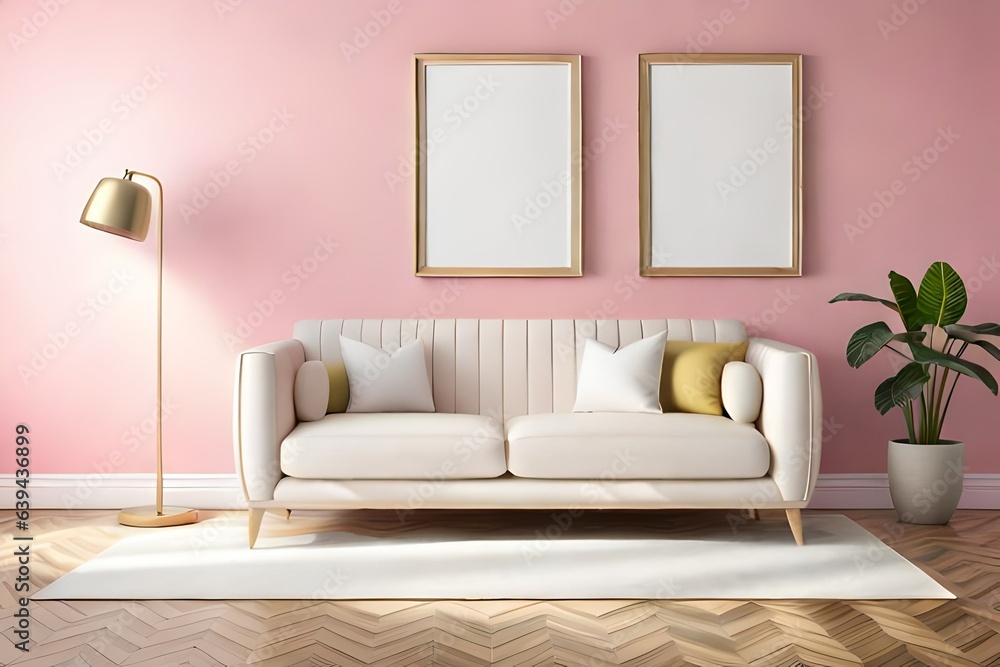 Fototapeta premium three wooden frames on pink and white wall, frame mockup, 3d render, 3d illustration