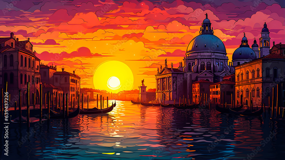 Venice or Venezia in Italy illustration landscape and sunrise or sunset. Colorful comic book style illustration. Digital illustration generative AI.