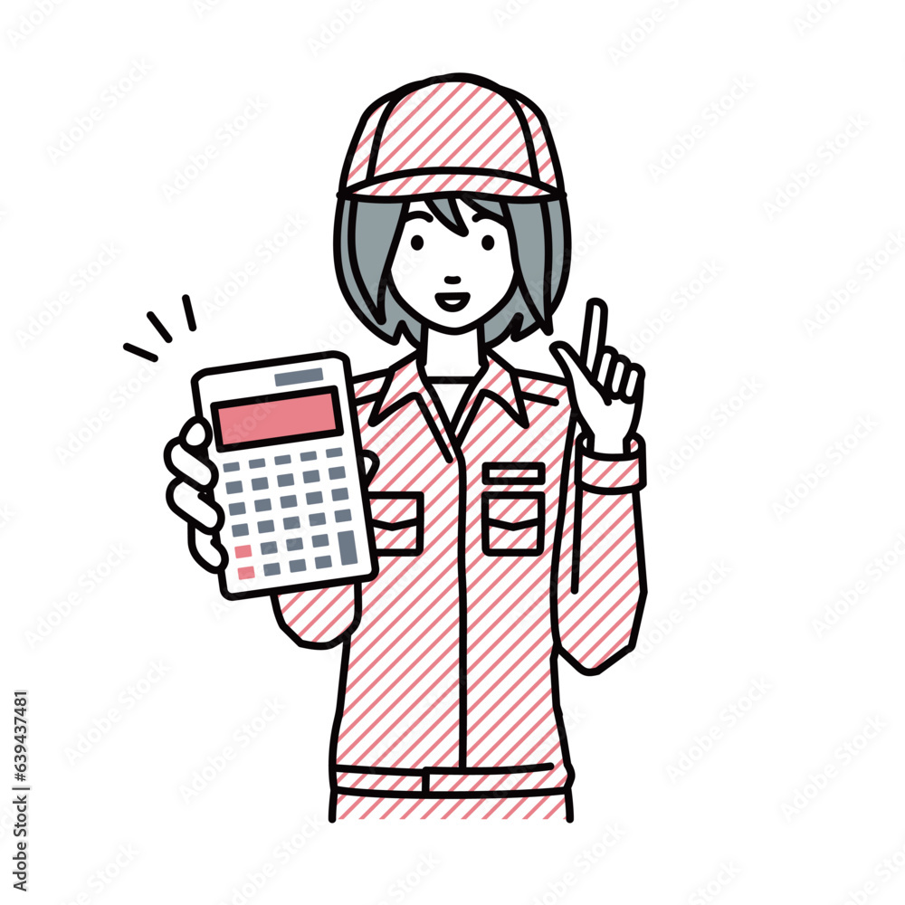 立って電卓を持ってこちらに向けて見せている作業員の女性 立って電卓を持ってこちらに向けて見せている作業員の女性