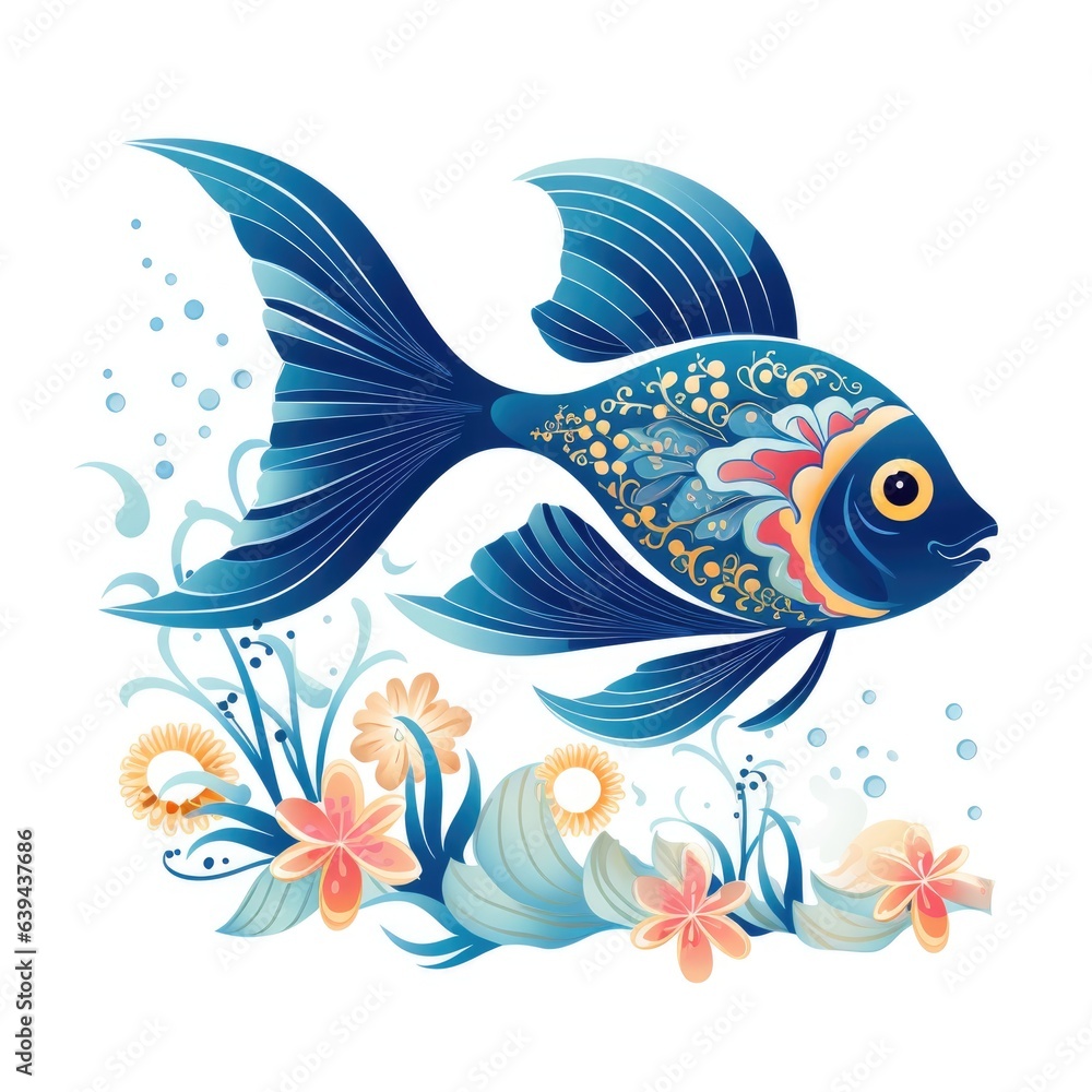 A blue fish with a colorful design on it. Digital image.