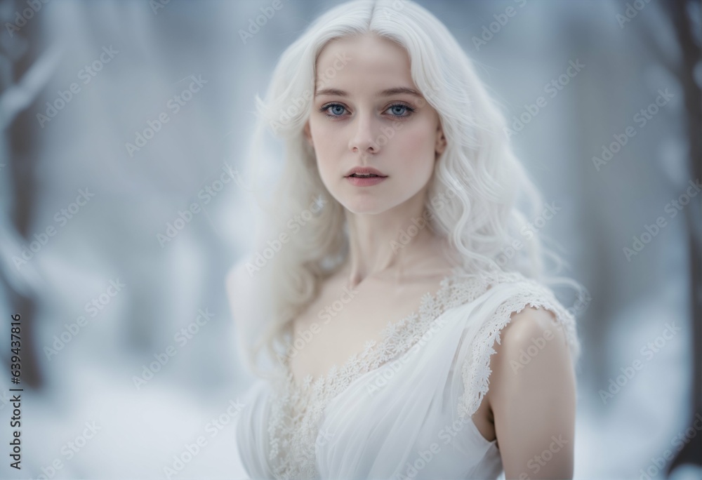 Young girl fairy tale porcelain - snow-white hair, white dress, dreamlike stillness, serene beauty, futuristic Young girl fairy tale porcelain - snow-white hair, white dress, dreamlike stillness, serene beauty, futuristic