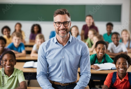 Tela Elementary school teacher smiling - male, class of learning students, academic s
