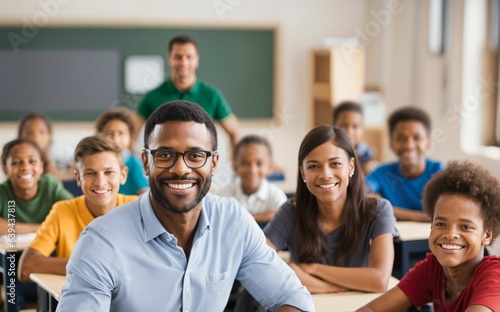 Elementary school teacher smiling - male, class of learning students, academic setting